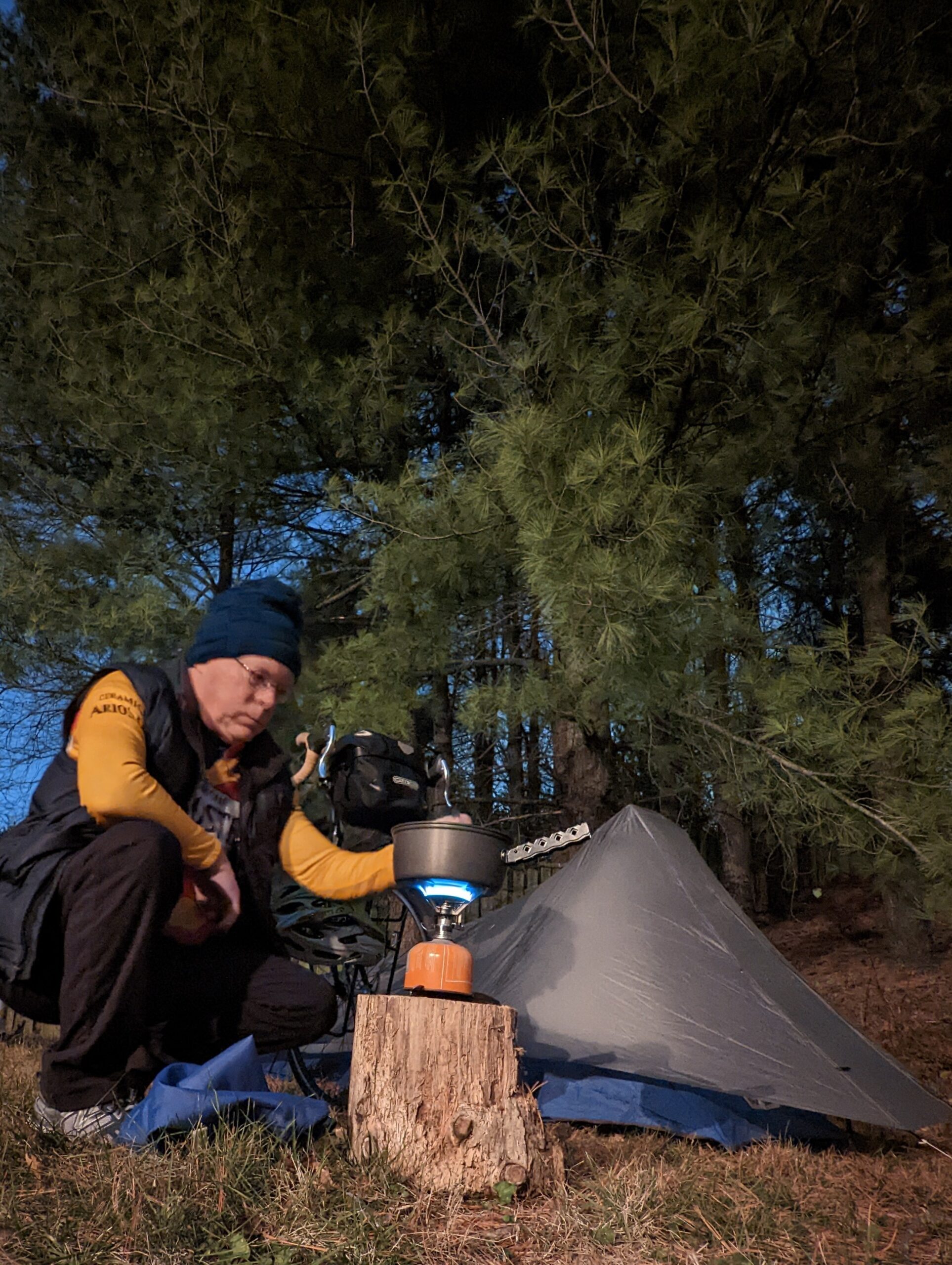 Warming up around the propane fire